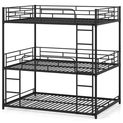 Metal Triple Bunk Bed with Safety Guardrails and 2 Ladders-Black - Black - Bunk Bed Frame