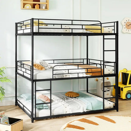 Metal Triple Bunk Bed with Safety Guardrails and 2 Ladders-Black - Black - Bunk Bed Frame