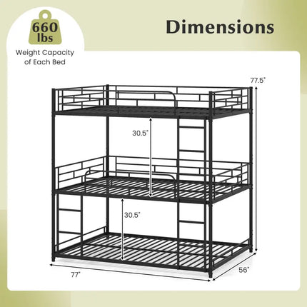 Metal Triple Bunk Bed with Safety Guardrails and 2 Ladders-Black - Black - Bunk Bed Frame