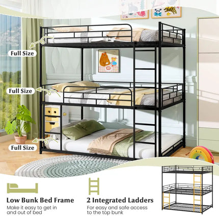 Metal Triple Bunk Bed with Safety Guardrails and 2 Ladders-Black - Black - Bunk Bed Frame