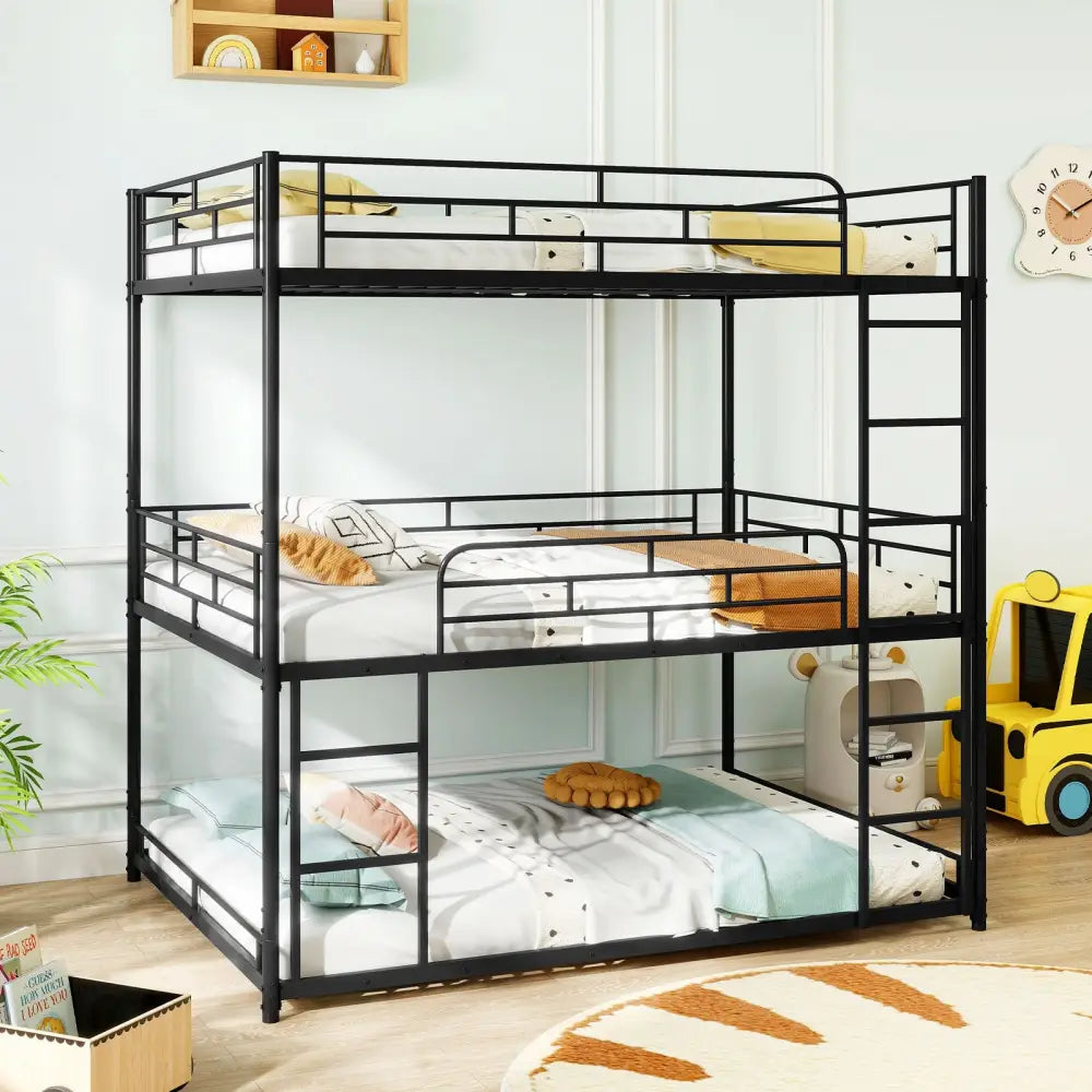 Metal Triple Bunk Bed with Safety Guardrails and 2 Ladders-Black - Black - Bunk Bed Frame