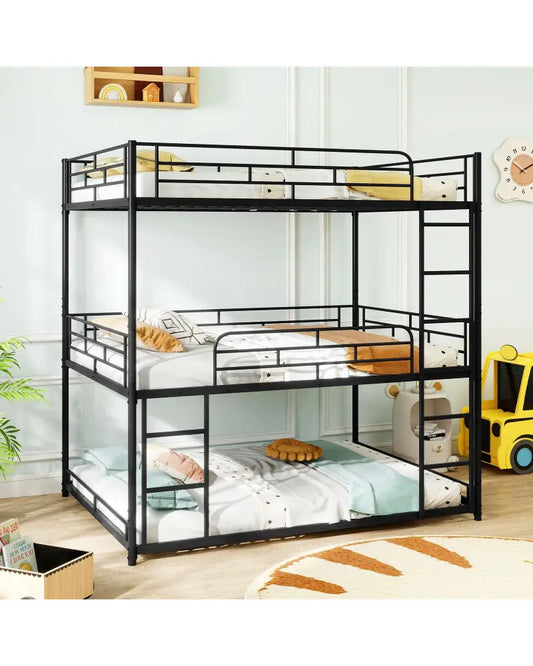 Metal Triple Bunk Bed with Safety Guardrails and 2 Ladders-Black - Black - Bunk Bed Frame