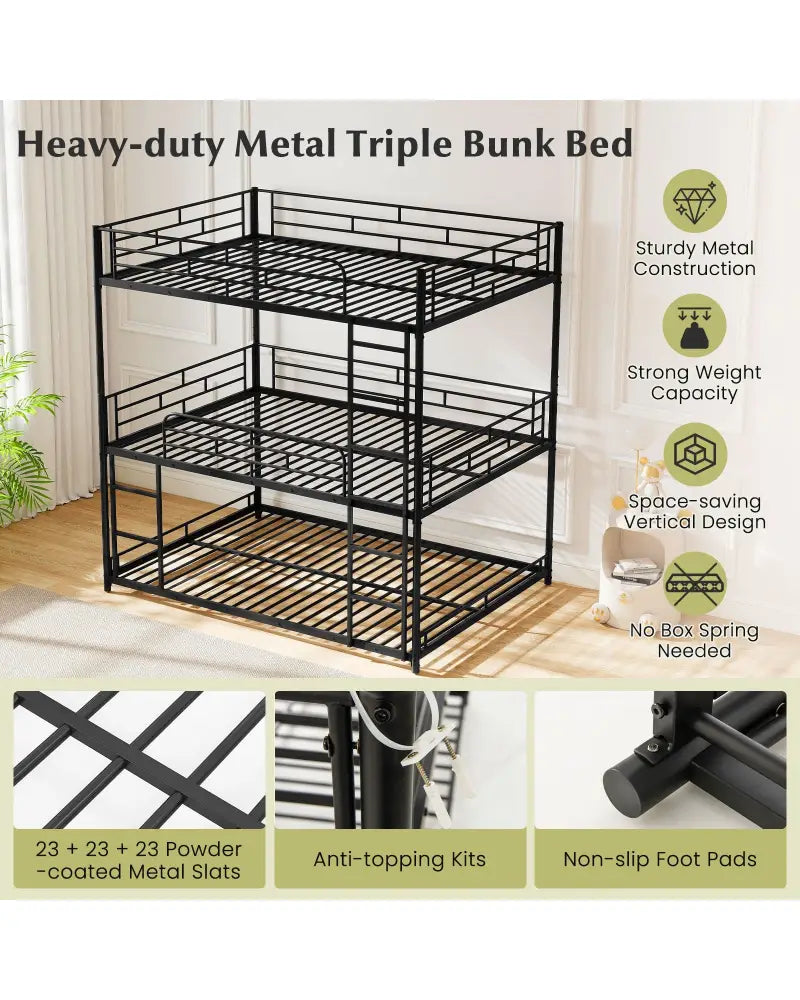 Metal Triple Bunk Bed with Safety Guardrails and 2 Ladders-Black - Black - Bunk Bed Frame