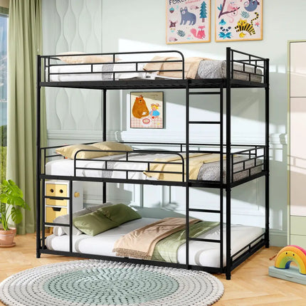 Metal Triple Bunk Bed with Safety Guardrails and 2 Ladders-Black - Black - Bunk Bed Frame