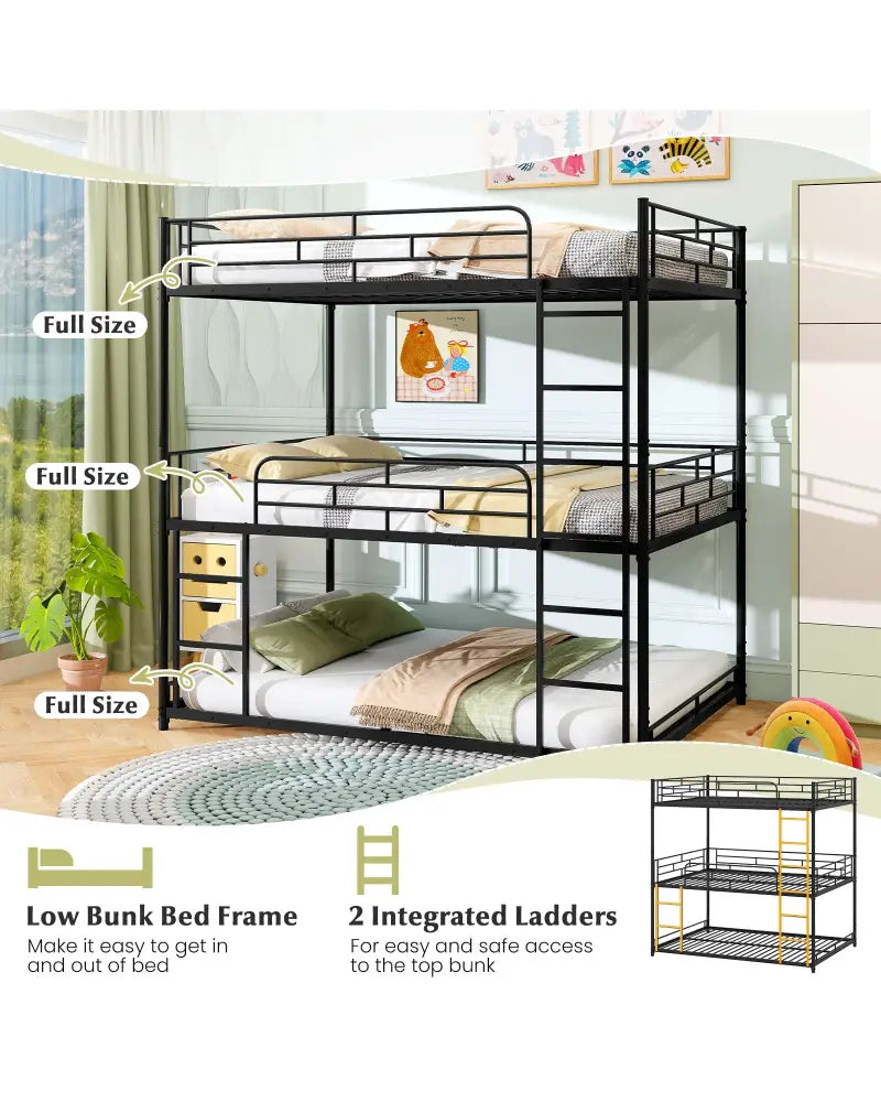Metal Triple Bunk Bed with Safety Guardrails and 2 Ladders-Black - Black - Bunk Bed Frame