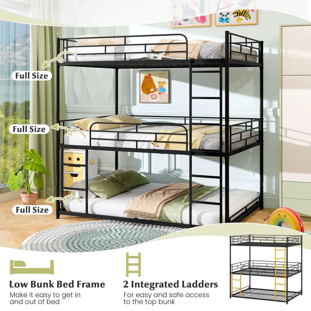 Metal Triple Bunk Bed with Safety Guardrails and 2 Ladders-Black - Black - Bunk Bed Frame