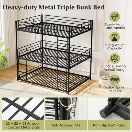 Metal Triple Bunk Bed with Safety Guardrails and 2 Ladders-Black - Black - Bunk Bed Frame