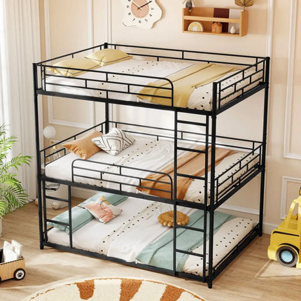 Metal Triple Bunk Bed with Safety Guardrails and 2 Ladders-Black - Black - Bunk Bed Frame