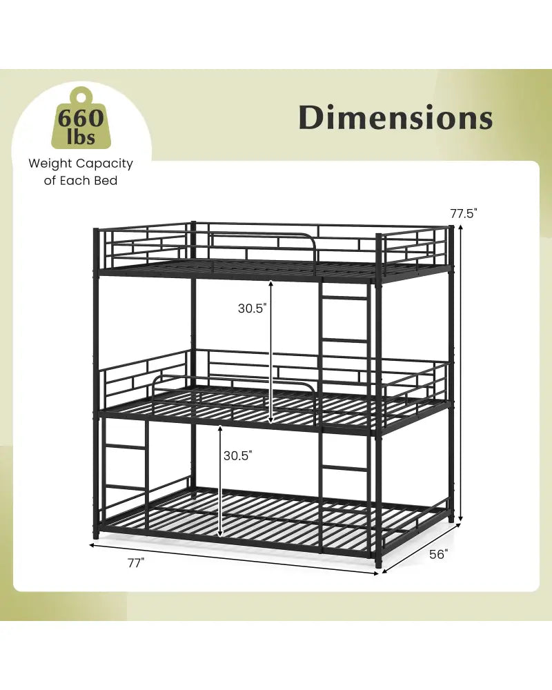 Metal Triple Bunk Bed with Safety Guardrails and 2 Ladders-Black - Black - Bunk Bed Frame