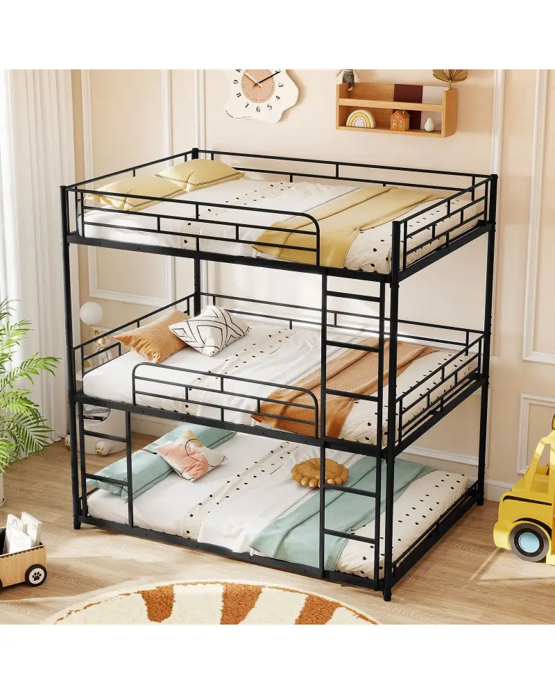 Metal Triple Bunk Bed with Safety Guardrails and 2 Ladders-Black - Black - Bunk Bed Frame