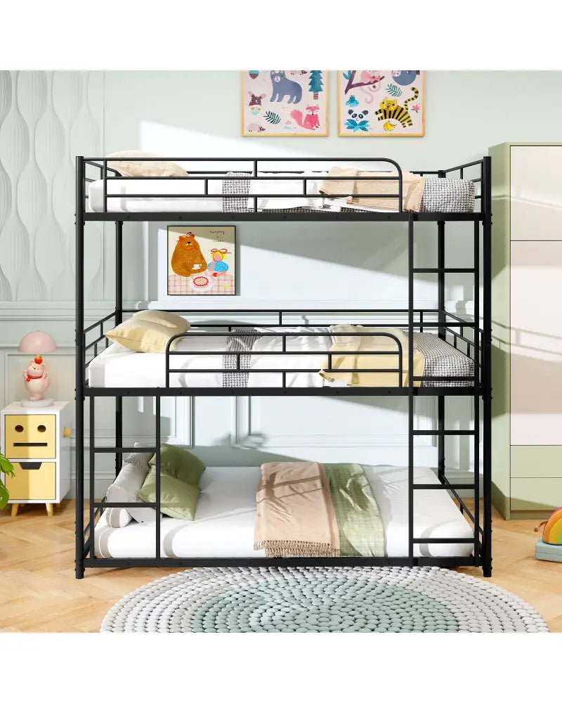 Metal Triple Bunk Bed with Safety Guardrails and 2 Ladders-Black - Black - Bunk Bed Frame