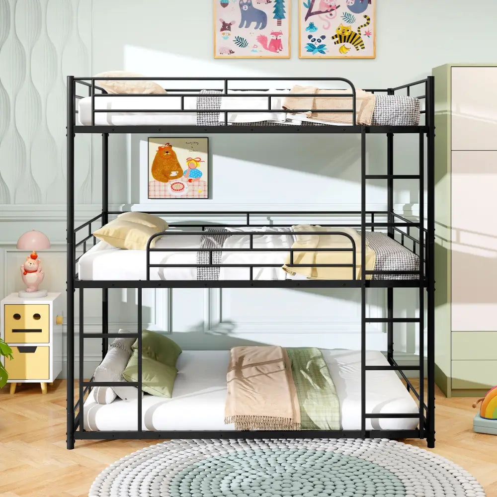 Metal Triple Bunk Bed with Safety Guardrails and 2 Ladders-Black - Black - Bunk Bed Frame