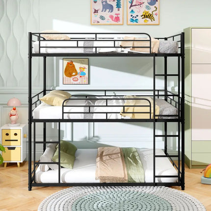 Metal Triple Bunk Bed with Safety Guardrails and 2 Ladders-Black - Black - Bunk Bed Frame