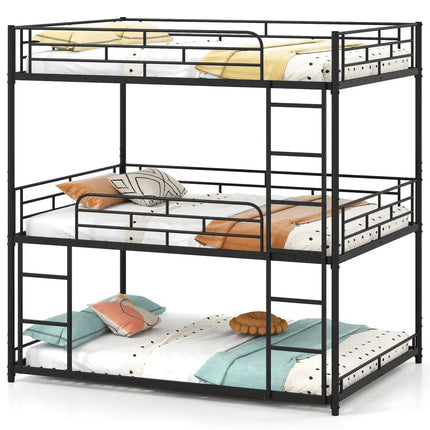 Metal Triple Bunk Bed with Safety Guardrails and 2 Ladders-Black - Black - Bunk Bed Frame