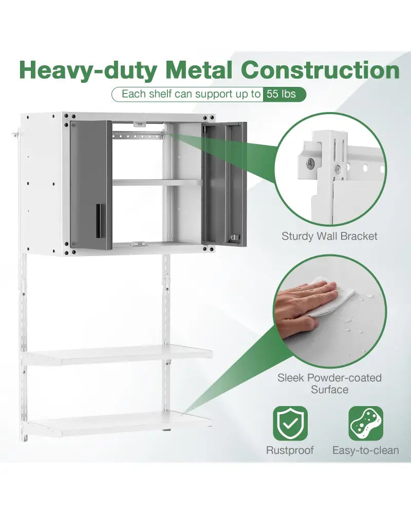 Metal Wall Cabinet with Lock and 3 Adjustable Shelves - Garages