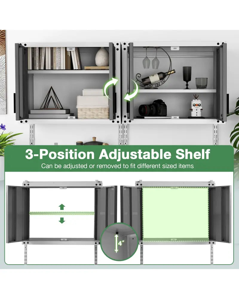 Metal Wall Cabinet with Lock and 3 Adjustable Shelves - Garages