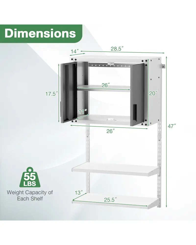 Metal Wall Cabinet with Lock and 3 Adjustable Shelves - Garages