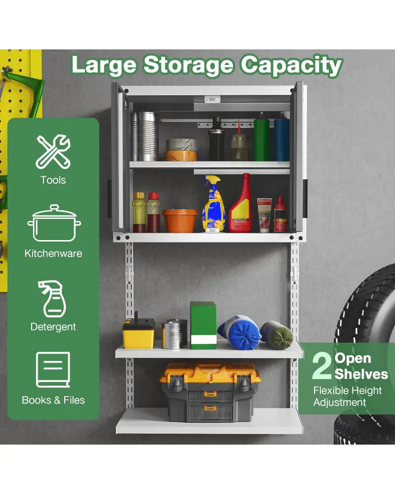 Metal Wall Cabinet with Lock and 3 Adjustable Shelves - Garages