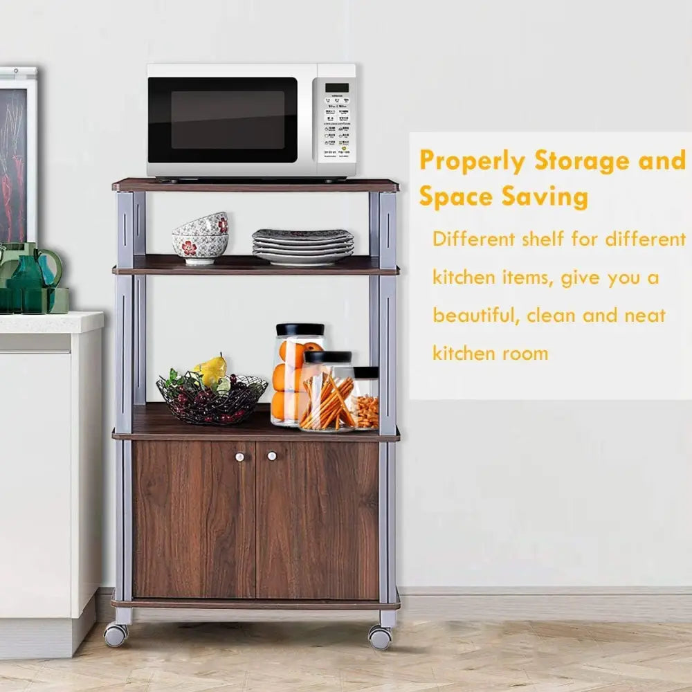 Microwave Rack Stand Rolling Storage Cart-Walnut - Walnut - Baker’s Racks