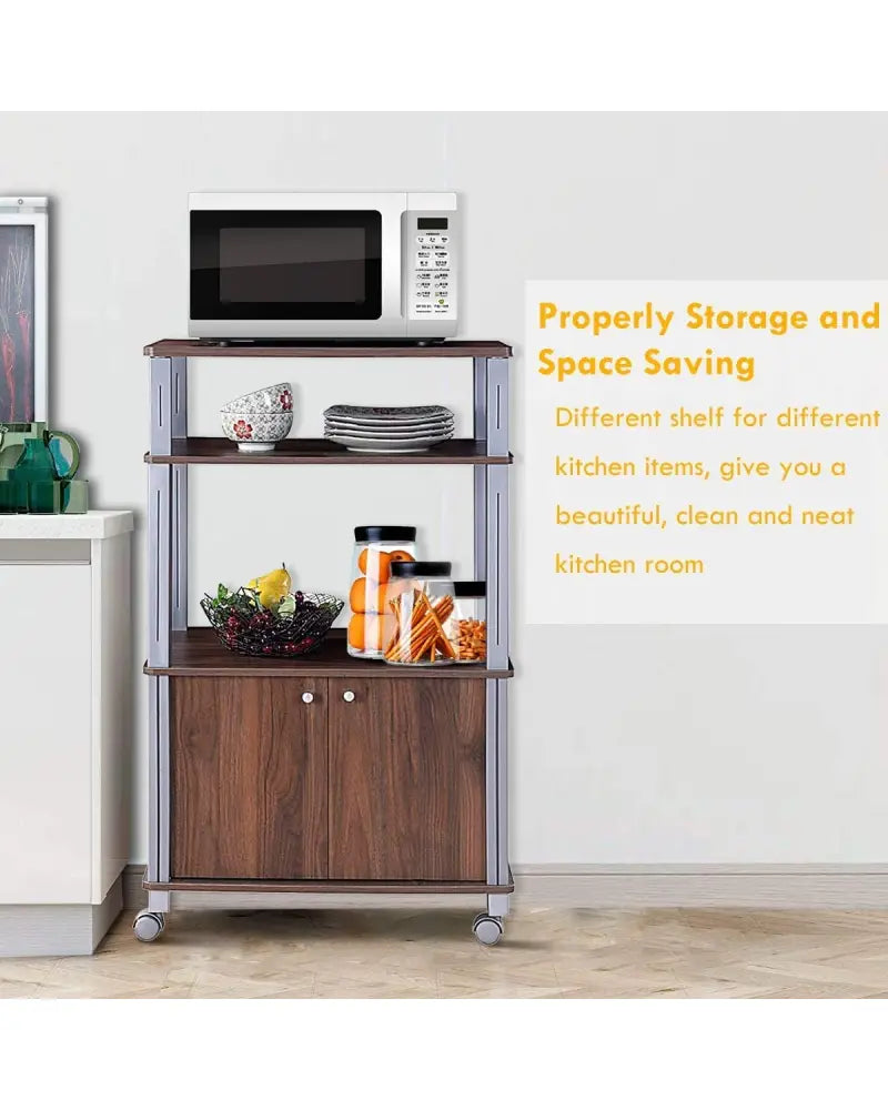 Microwave Rack Stand Rolling Storage Cart-Walnut - Walnut - Baker’s Racks