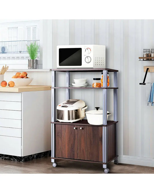 Microwave Rack Stand Rolling Storage Cart-Walnut - Walnut - Baker’s Racks