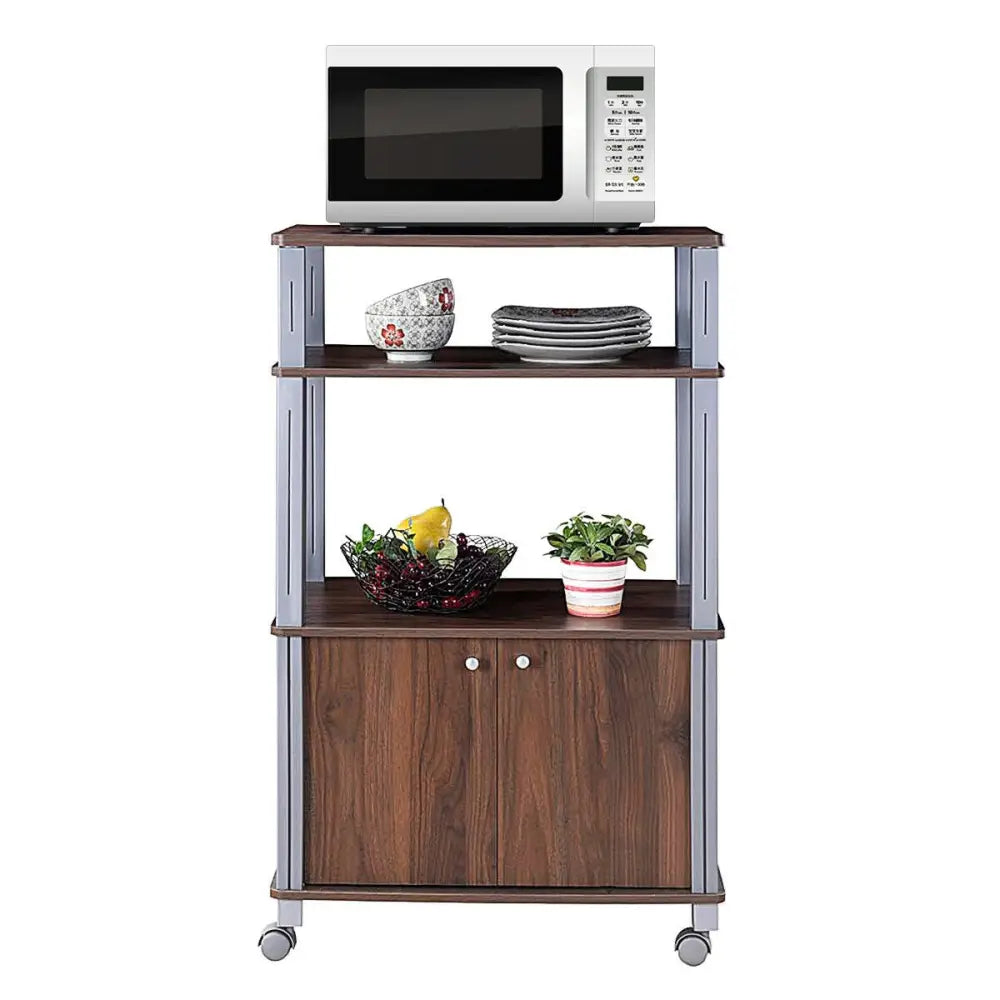Microwave Rack Stand Rolling Storage Cart-Walnut - Walnut - Baker’s Racks