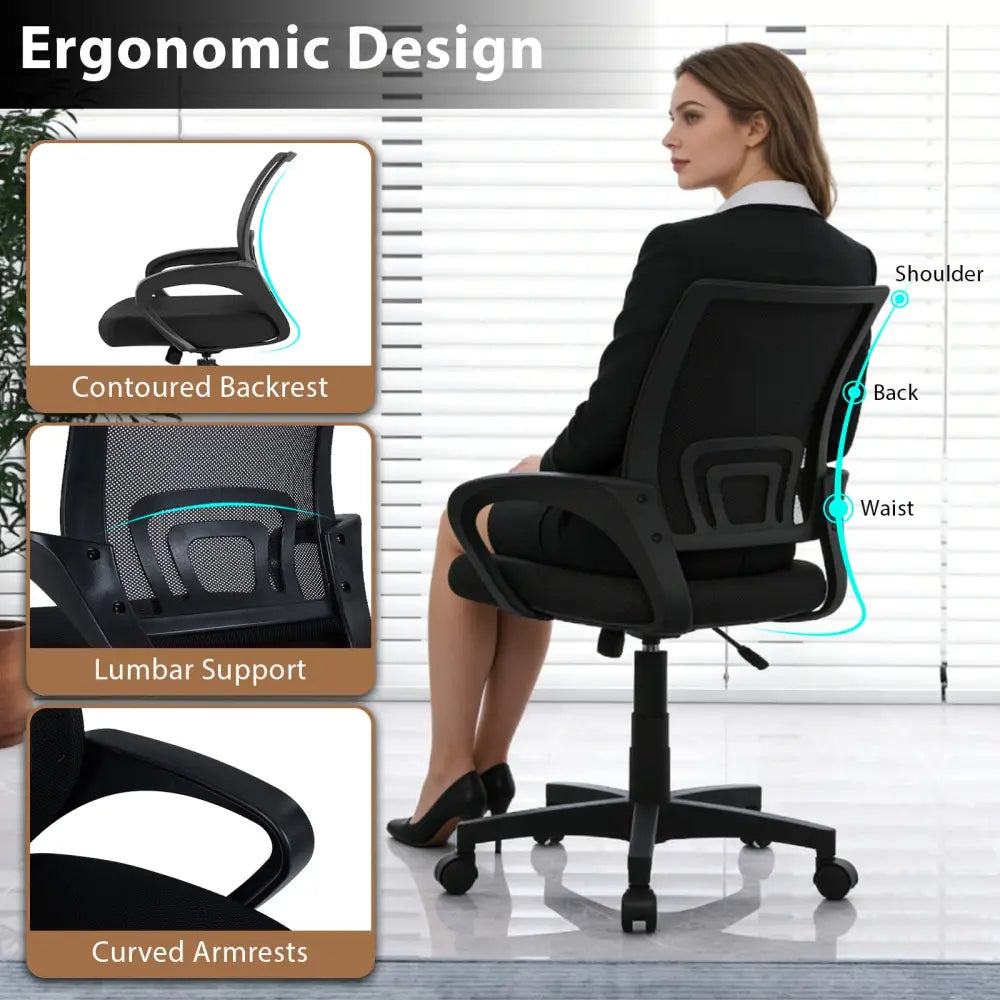 Mid-Back Mesh Office Chair Ergonomic Computer Chair with Lumbar Support-Black - Black - Mesh Chairs