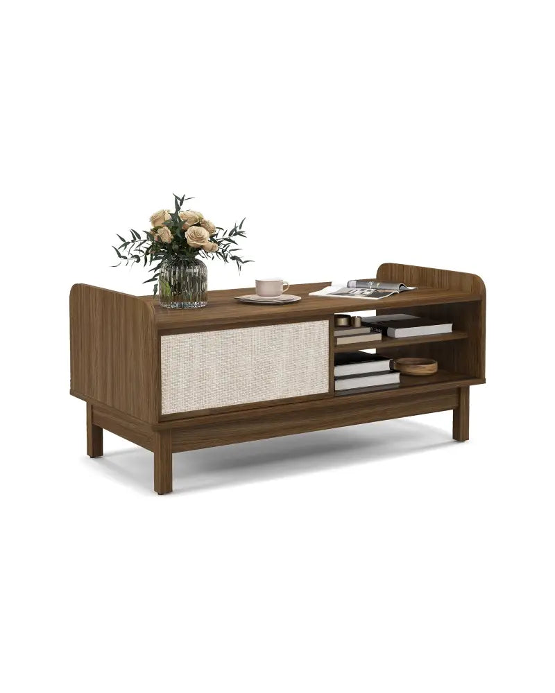Mid-Century Center Table with Storage and Weaving Sliding Door & Adjustable Shelf-Walnut - Walnut - Entertainment