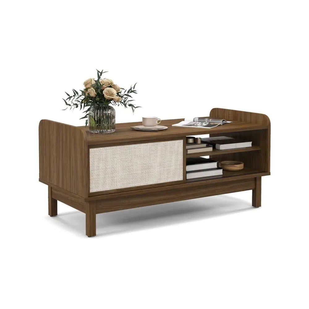 Mid-Century Center Table with Storage and Weaving Sliding Door & Adjustable Shelf-Walnut - Walnut - Entertainment