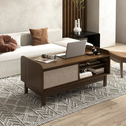 Mid-Century Center Table with Storage and Weaving Sliding Door & Adjustable Shelf-Walnut - Walnut - Entertainment