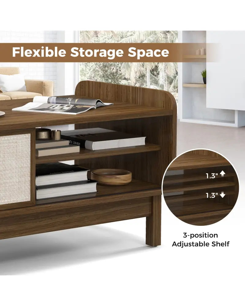 Mid-Century Center Table with Storage and Weaving Sliding Door & Adjustable Shelf-Walnut - Walnut - Entertainment
