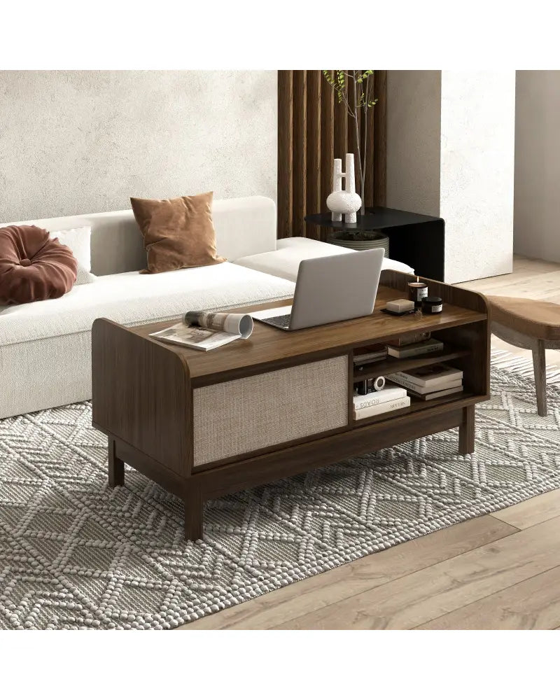 Mid-Century Center Table with Storage and Weaving Sliding Door & Adjustable Shelf-Walnut - Walnut - Entertainment