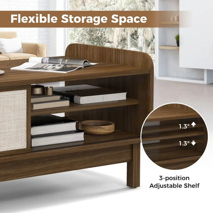Mid-Century Center Table with Storage and Weaving Sliding Door & Adjustable Shelf-Walnut - Walnut - Entertainment