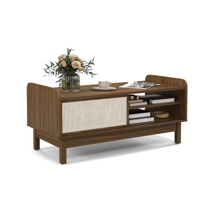 Mid-Century Center Table with Storage and Weaving Sliding Door & Adjustable Shelf-Walnut - Walnut - Entertainment
