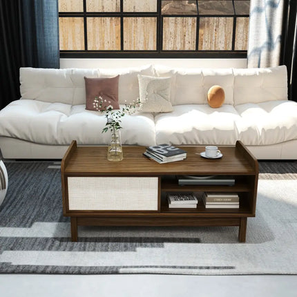 Mid-Century Center Table with Storage and Weaving Sliding Door & Adjustable Shelf-Walnut - Walnut - Entertainment
