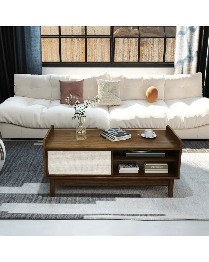 Mid-Century Center Table with Storage and Weaving Sliding Door & Adjustable Shelf-Walnut - Walnut - Entertainment