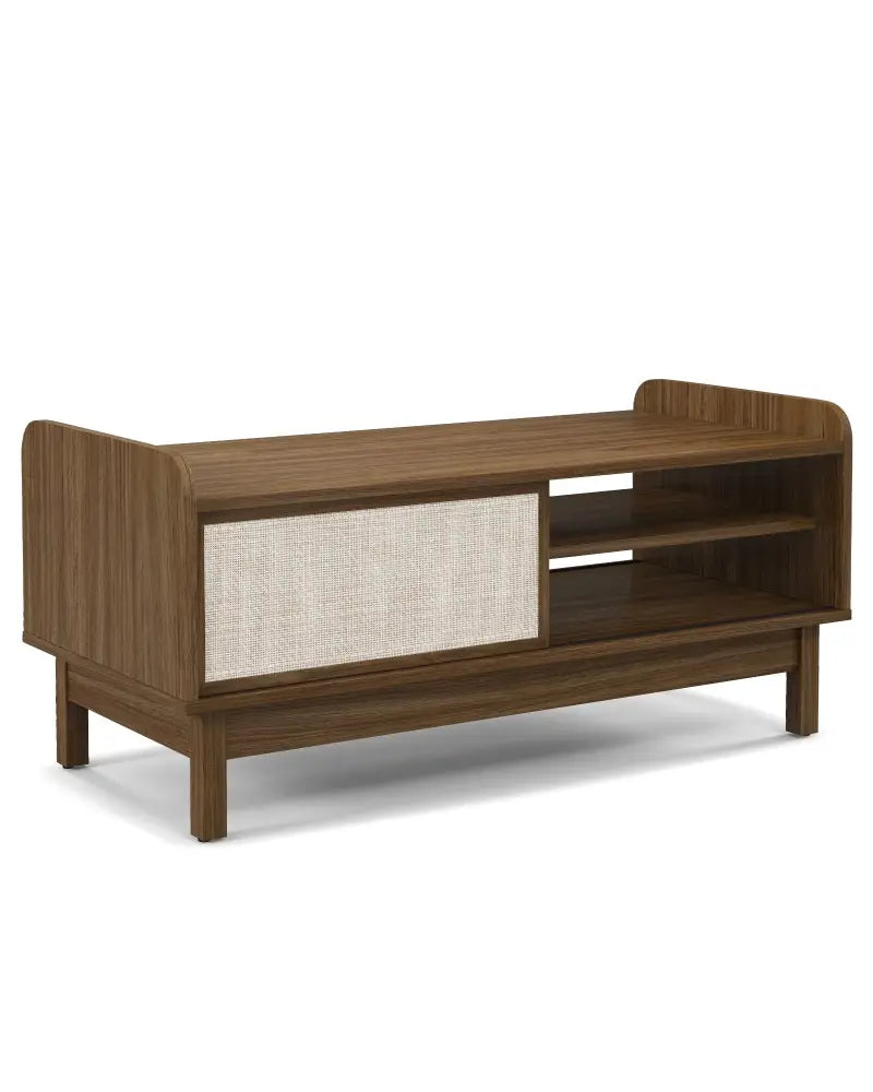 Mid-Century Center Table with Storage and Weaving Sliding Door & Adjustable Shelf-Walnut - Walnut - Entertainment