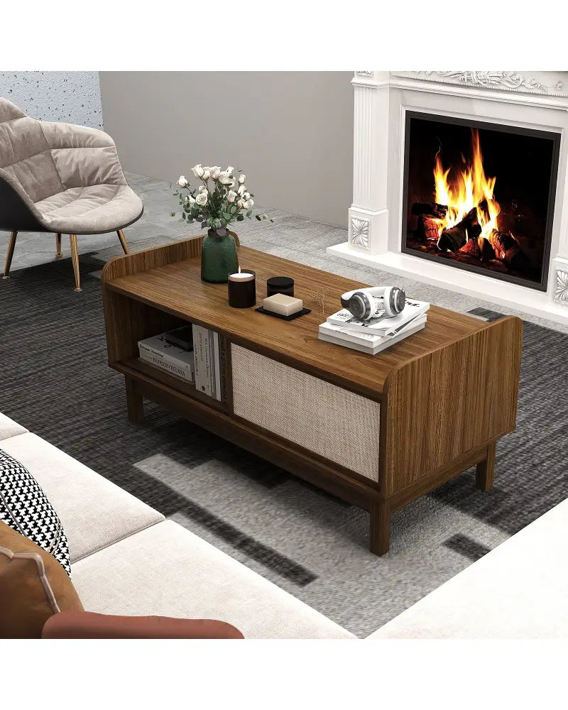 Mid-Century Center Table with Storage and Weaving Sliding Door & Adjustable Shelf-Walnut - Walnut - Entertainment