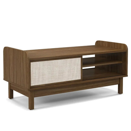 Mid-Century Center Table with Storage and Weaving Sliding Door & Adjustable Shelf-Walnut - Walnut - Entertainment
