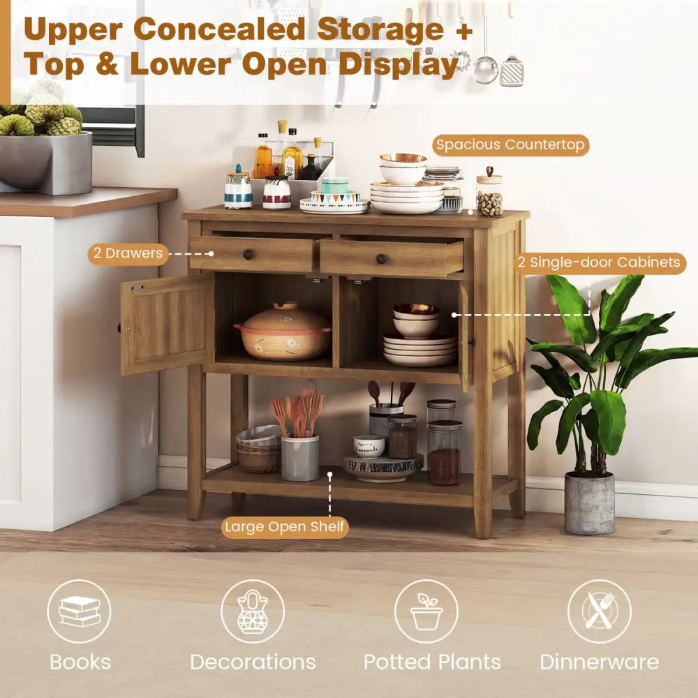 Mid-Century Console Table Wood Coffee Bar Buffet Sideboard with 2 Drawers-Walnut - Walnut - Coffee Tables