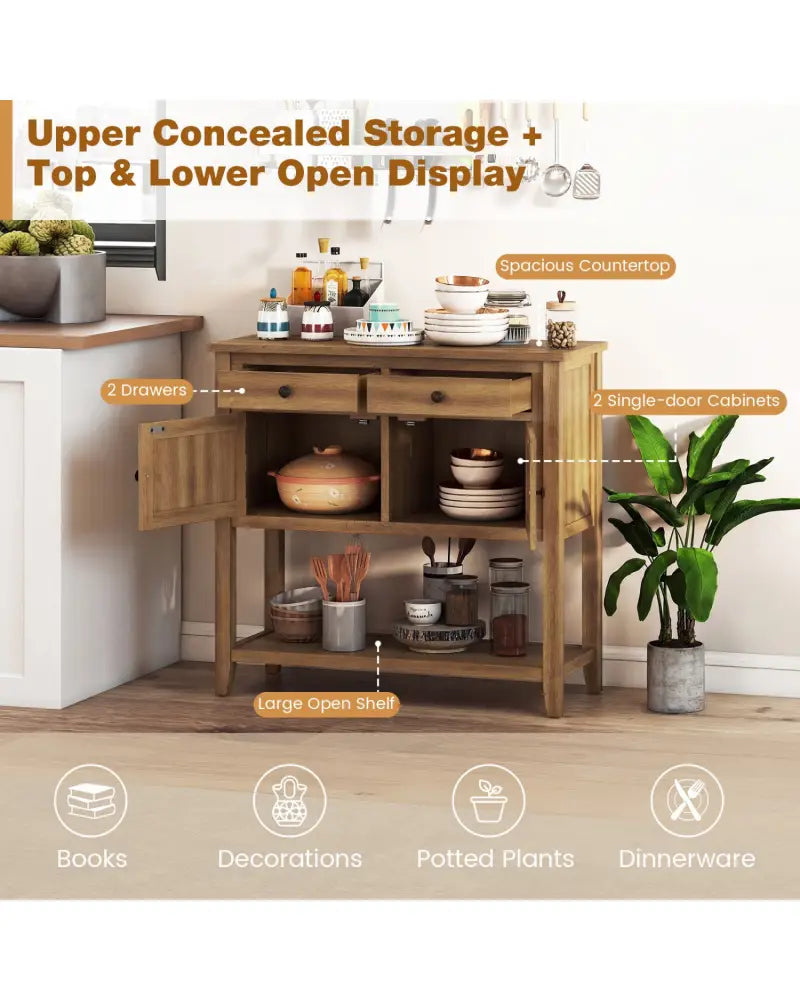 Mid-Century Console Table Wood Coffee Bar Buffet Sideboard with 2 Drawers-Walnut - Walnut - Coffee Tables