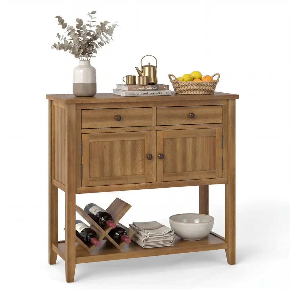 Mid-Century Console Table Wood Coffee Bar Buffet Sideboard with 2 Drawers-Walnut - Walnut - Coffee Tables