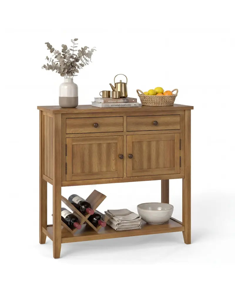 Mid-Century Console Table Wood Coffee Bar Buffet Sideboard with 2 Drawers-Walnut - Walnut - Coffee Tables