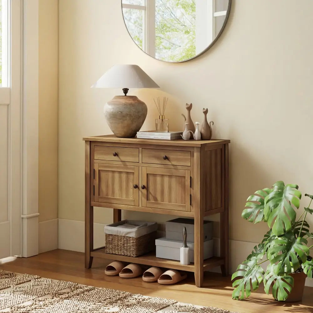 Mid-Century Console Table Wood Coffee Bar Buffet Sideboard with 2 Drawers-Walnut - Walnut - Coffee Tables