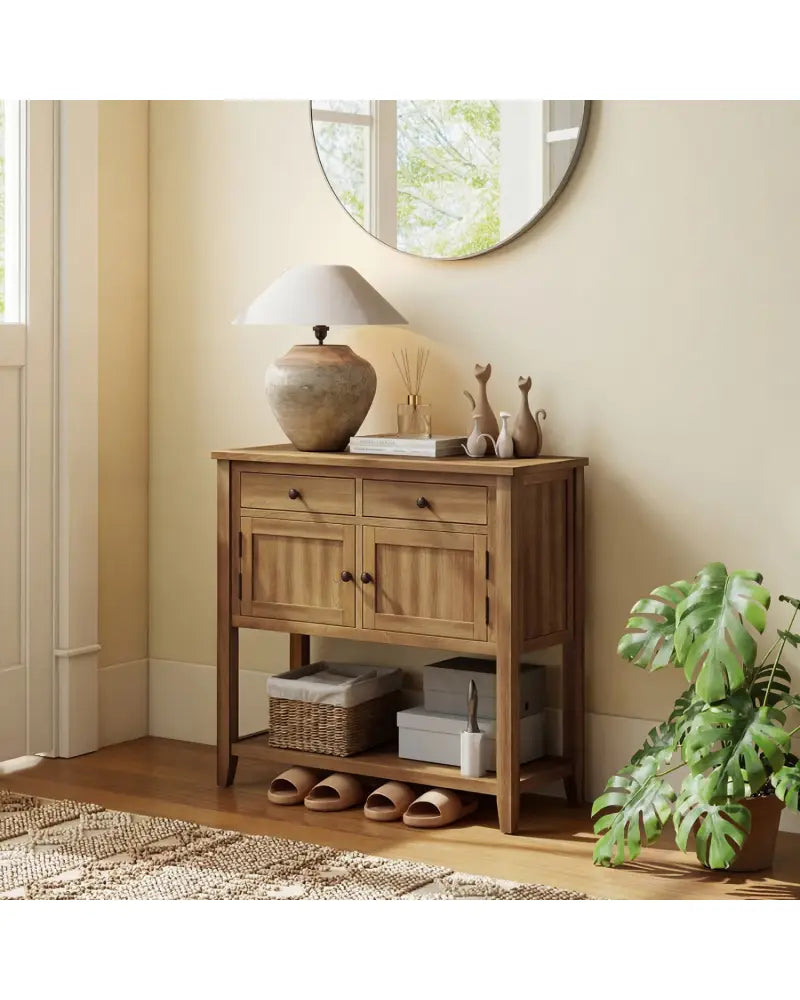 Mid-Century Console Table Wood Coffee Bar Buffet Sideboard with 2 Drawers-Walnut - Walnut - Coffee Tables