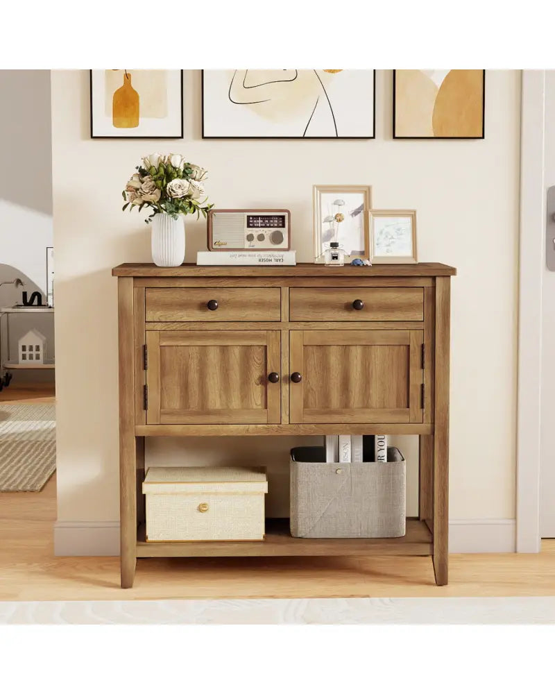 Mid-Century Console Table Wood Coffee Bar Buffet Sideboard with 2 Drawers-Walnut - Walnut - Coffee Tables