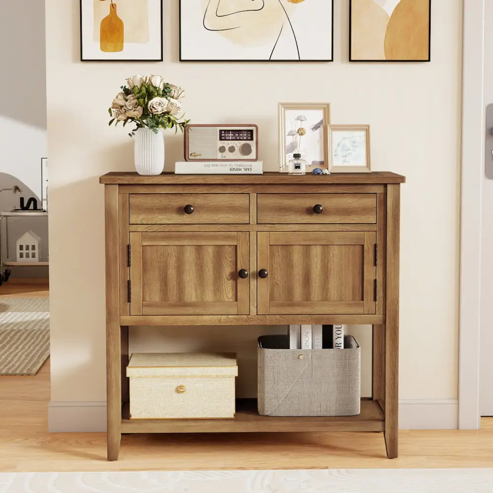 Mid-Century Console Table Wood Coffee Bar Buffet Sideboard with 2 Drawers-Walnut - Walnut - Coffee Tables