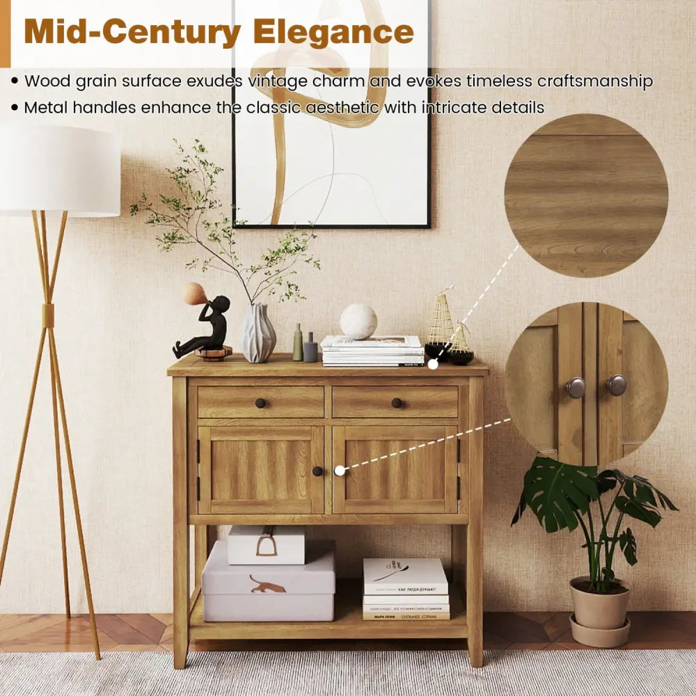 Mid-Century Console Table Wood Coffee Bar Buffet Sideboard with 2 Drawers-Walnut - Walnut - Coffee Tables