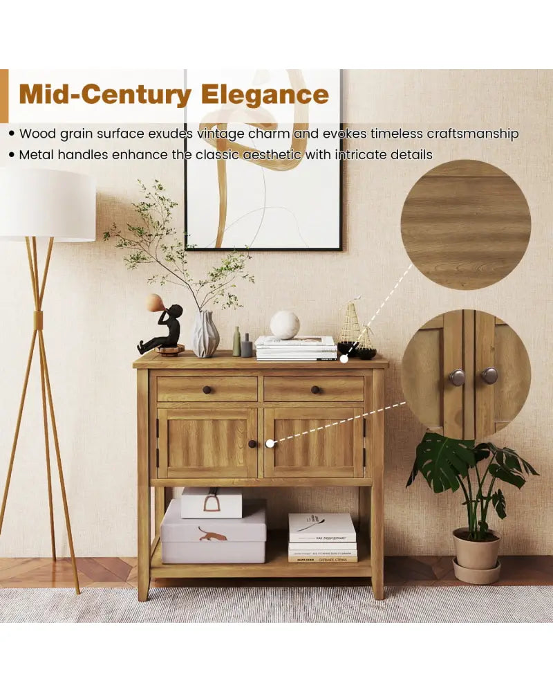 Mid-Century Console Table Wood Coffee Bar Buffet Sideboard with 2 Drawers-Walnut - Walnut - Coffee Tables