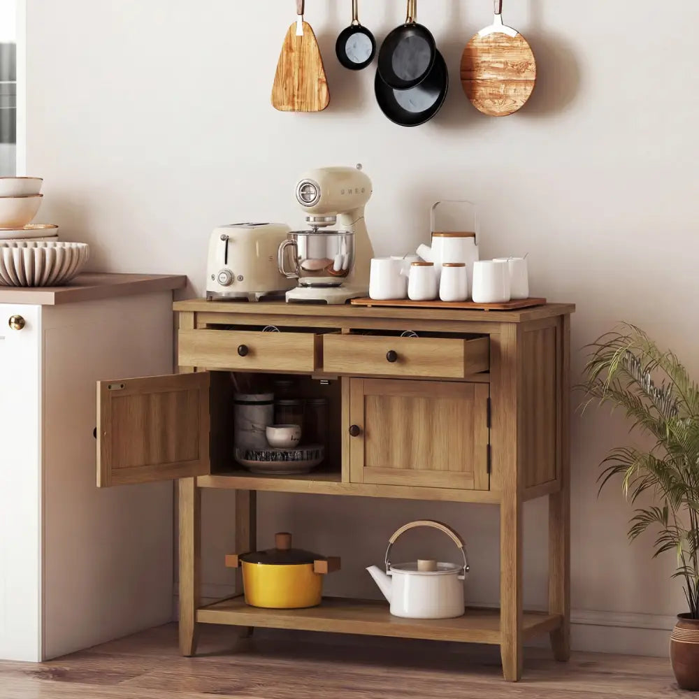 Mid-Century Console Table Wood Coffee Bar Buffet Sideboard with 2 Drawers-Walnut - Walnut - Coffee Tables
